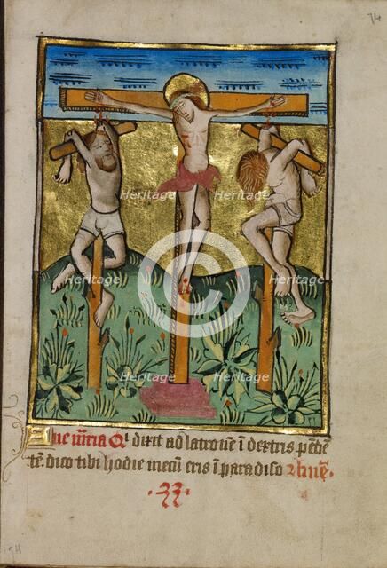 Christ Crucified between the Two Thieves; Illustrated Vita Christi..., about 1480-1490. Creator: Unknown.