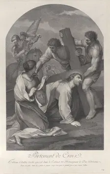 Christ fallen to the ground under the weight of the cross, with two men assisting and ..., ca. 1729. Creator: Simon Vallee