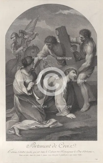 Christ fallen to the ground under the weight of the cross, with two men assisting and ..., ca. 1729. Creator: Simon Vallee.