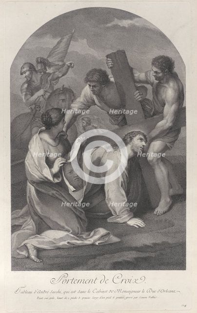 Christ fallen to the ground under the weight of the cross, with two men assisting and ..., ca. 1729. Creator: Simon Vallee.