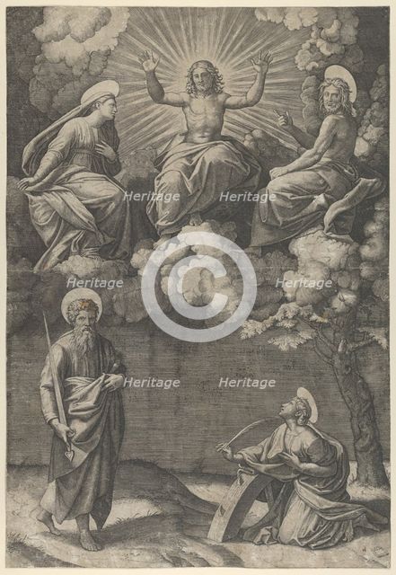 Christ flanked by the Virgin and St. John in the upper section, St. Paul and St. Ca..., ca. 1520-25. Creator: Marcantonio Raimondi.