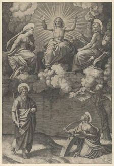 Christ flanked by the Virgin and St. John in the upper section, St. Paul and St. Ca..., ca. 1520-25. Creator: Marcantonio Raimondi