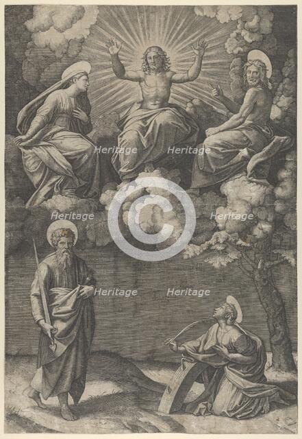 Christ flanked by the Virgin and St. John in the upper section, St. Paul and St. Ca..., ca. 1520-25. Creator: Marcantonio Raimondi.