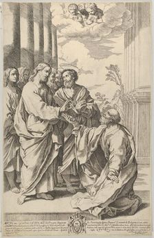 Christ giving the keys of the church to Saint Peter who kneels before him, after Guido ..., 1640-70. Creator: Gian Battista Bolognini
