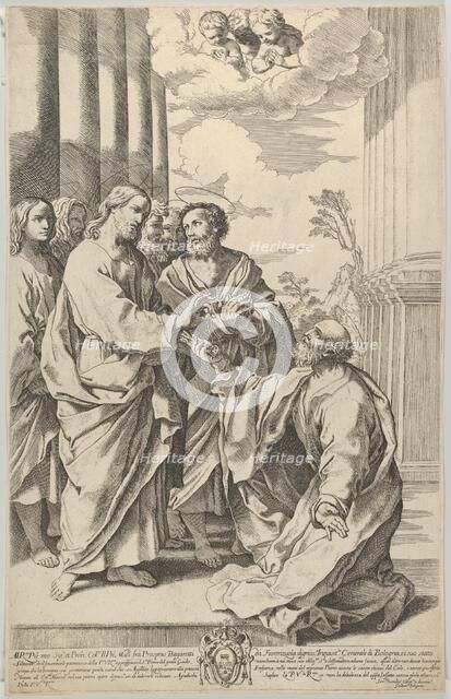 Christ giving the keys of the church to Saint Peter who kneels before him, after Guido ..., 1640-70. Creator: Gian Battista Bolognini.