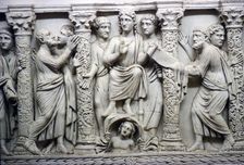 Christ handing scrolll of new law to St Peter while looking at St Paul, mid-4th century