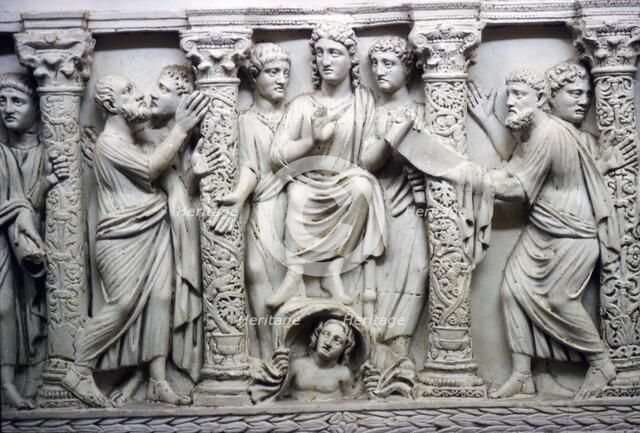 Christ handing scrolll of new law to St Peter while looking at St Paul, mid-4th century. Artist: Unknown.