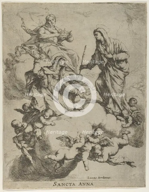Christ holding a crown at upper left and the Virgin receiving Saint Anne in Heaven at r..., 1650-70. Creator: Luca Giordano.