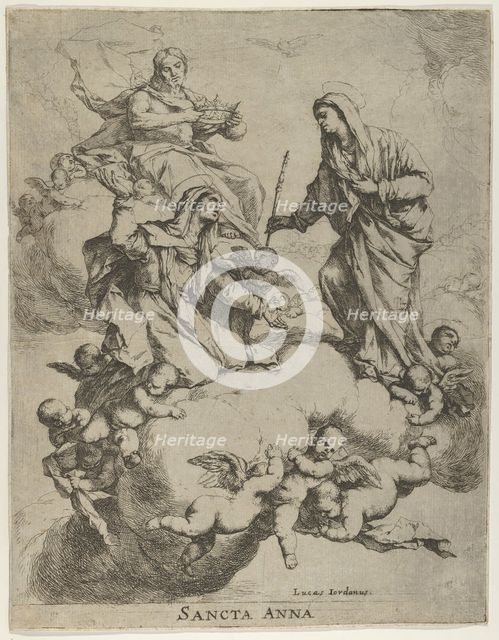 Christ holding a crown at upper left and the Virgin receiving Saint Anne in Heaven at r..., 1650-70. Creator: Luca Giordano.