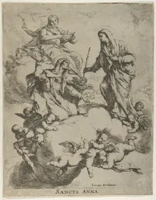 Christ holding a crown at upper left and the Virgin receiving Saint Anne in Heaven at r..., 1650-70. Creator: Luca Giordano