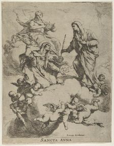 Christ holding a crown at upper left and the Virgin receiving Saint Anne in Heaven at r..., 1650-70. Creator: Luca Giordano