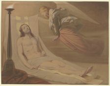 Christ in the tomb, above him hovering a mourning angel, 1851. Creator: Eduard von Steinle