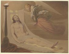Christ in the tomb, above him hovering a mourning angel, 1851. Creator: Eduard von Steinle
