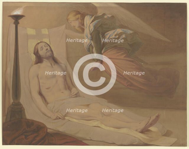 Christ in the tomb, above him hovering a mourning angel, 1851. Creator: Eduard von Steinle.