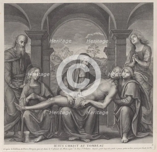 Christ in the tomb, resting across the Virgin's lap; after Perugino, ca. 1685-1727. Creator: Claude Duflos.