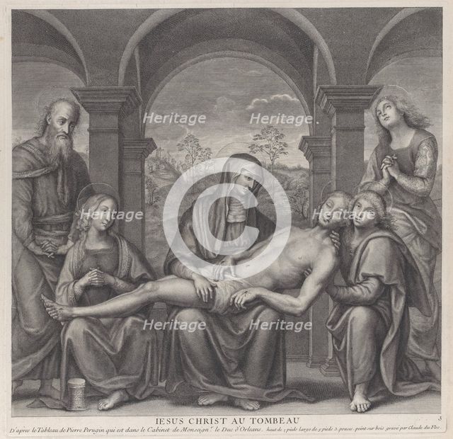 Christ in the tomb, resting across the Virgin's lap; after Perugino, ca. 1685-1727. Creator: Claude Duflos.