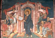 Christ in the synagogue of Nazareth, ca 1350. Artist: Anonymous