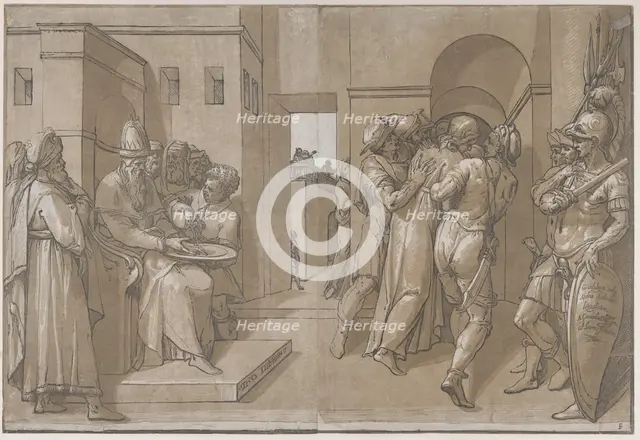 Christ is being led away, soldiers stand at the right (right side of sheet), 1585. Creator: Andrea Andreani.