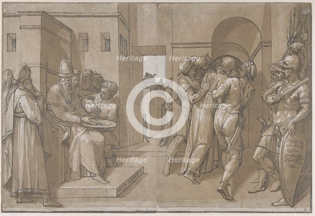 Christ is being led away, soldiers stand at the right (right side of sheet), 1585. Creator: Andrea Andreani.