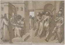 Christ is being led away, soldiers stand at the right (right side of sheet), 1585. Creator: Andrea Andreani