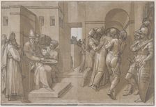 Christ is being led away, soldiers stand at the right (right side of sheet), 1585. Creator: Andrea Andreani