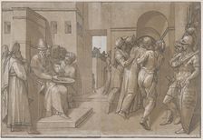 Christ is being led away, soldiers stand at the right (right side of sheet), 1585. Creator: Andrea Andreani