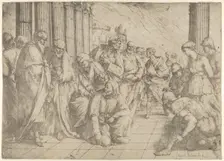 Christ kneels and writes on the pavement at center and a woman taken in adultery by three ..., 1653. Creator: Luca Giordano