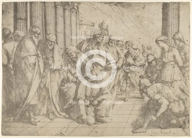 Christ kneels and writes on the pavement at center and a woman taken in adultery by three ..., 1653. Creator: Luca Giordano.