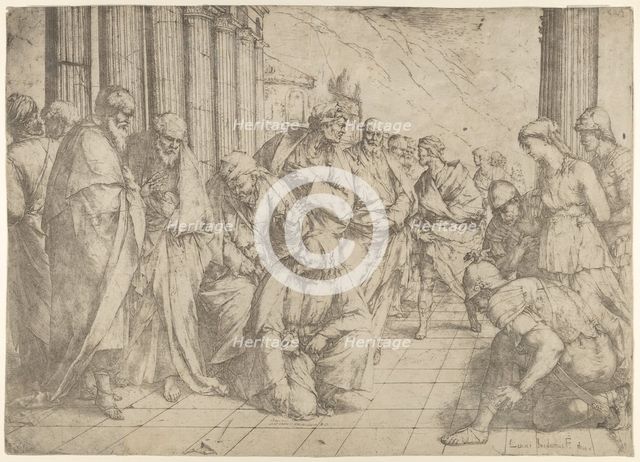 Christ kneels and writes on the pavement at center and a woman taken in adultery by three ..., 1653. Creator: Luca Giordano.