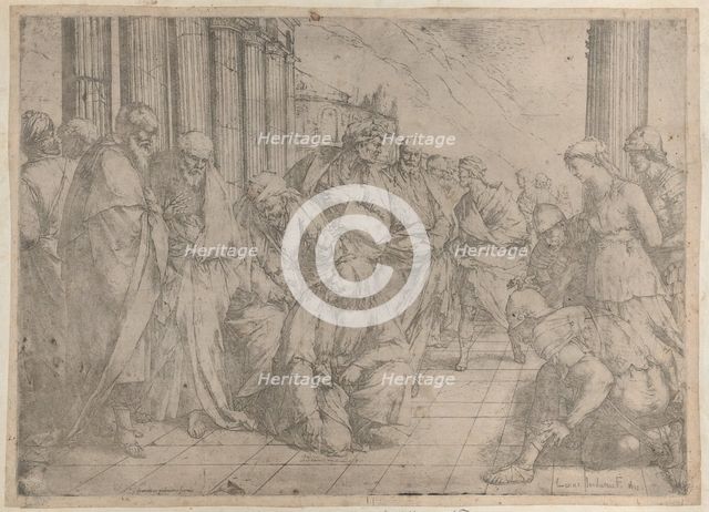 Christ kneels and writes on the pavement at center, while the woman taken in adultery stan..., 1653. Creator: Luca Giordano.