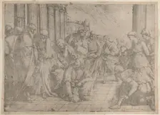 Christ kneels and writes on the pavement at center, while the woman taken in adultery stan..., 1653. Creator: Luca Giordano