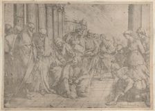 Christ kneels and writes on the pavement at center, while the woman taken in adultery stan..., 1653. Creator: Luca Giordano
