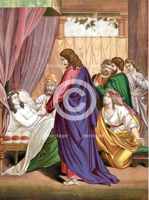 Christ raising the daughter of Jairus, governor of the Synagogue, from the dead, mid 19th century. Artist: Unknown