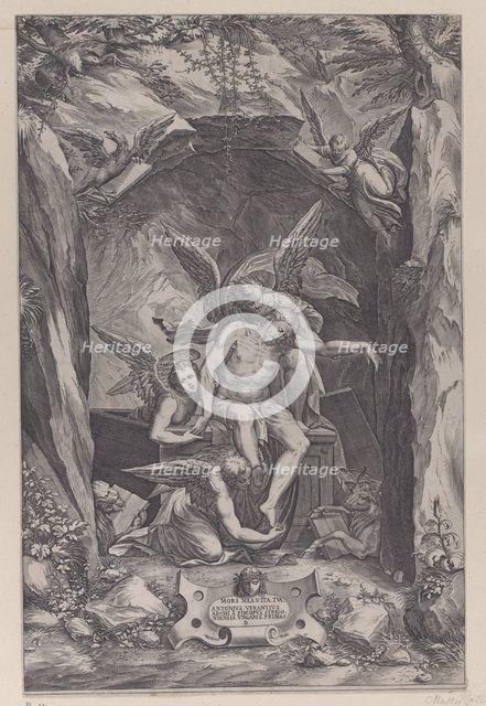 Christ rising from the tomb, assisted by two angels, 1540-83. Creator: Martino Rota.