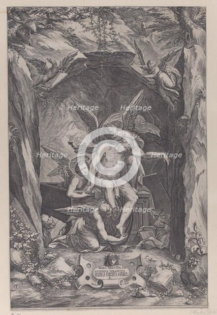 Christ rising from the tomb, assisted by two angels, 1540-83. Creator: Martino Rota.