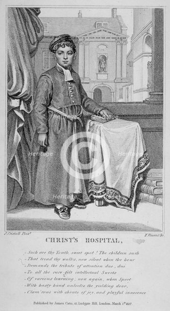 Christ's Hospital pupil with the school buildings in the background, City of London, 1827. Artist: F Vincent
