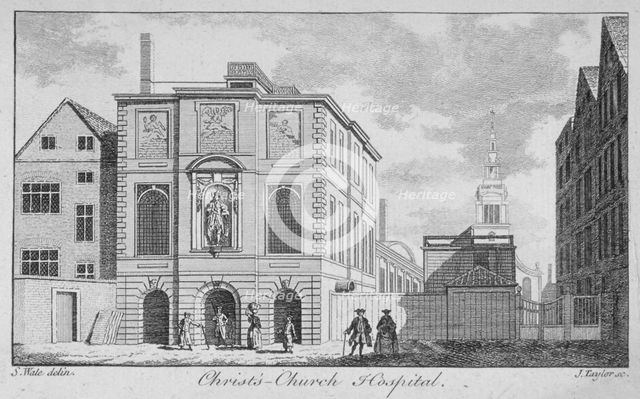 Christ's Hospital with Christ Church, Newgate Street in the background, City of London, 1761. Artist: James Taylor