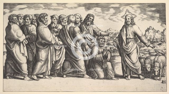 Christ standing at left indicating to a flock of sheep, before him kneels St. Peter hol..., 1530-60. Creator: Master of the Die.