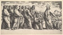 Christ standing at left indicating to a flock of sheep, before him kneels St. Peter hol..., 1530-60. Creator: Master of the Die