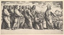 Christ standing at left indicating to a flock of sheep, before him kneels St. Peter hol..., 1530-60. Creator: Master of the Die