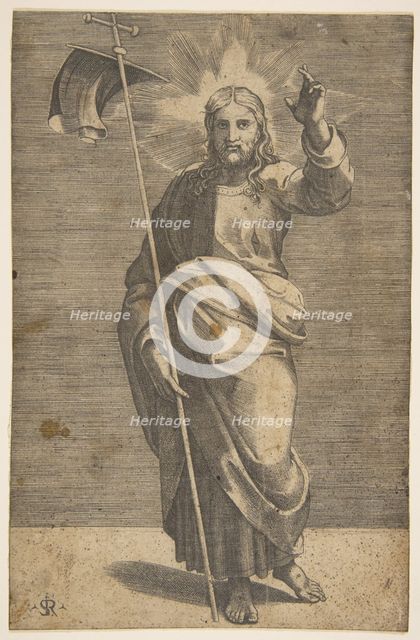 Christ standing facing forward, holding a cross with a banner and raising his left ..., ca. 1515-27. Creator: Marco Dente.