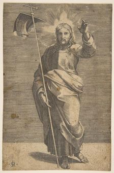 Christ standing facing forward, holding a cross with a banner and raising his left ..., ca. 1515-27. Creator: Marco Dente