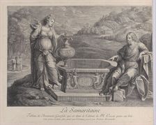 Christ, seated at right, and the woman of Samaria, who stands at left, ca. 1729. Creator: Frédéric Horthemels