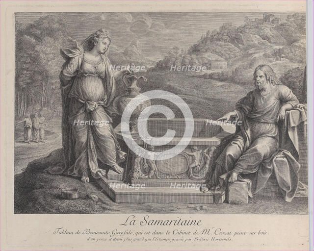Christ, seated at right, and the woman of Samaria, who stands at left, ca. 1729. Creator: Frédéric Horthemels.
