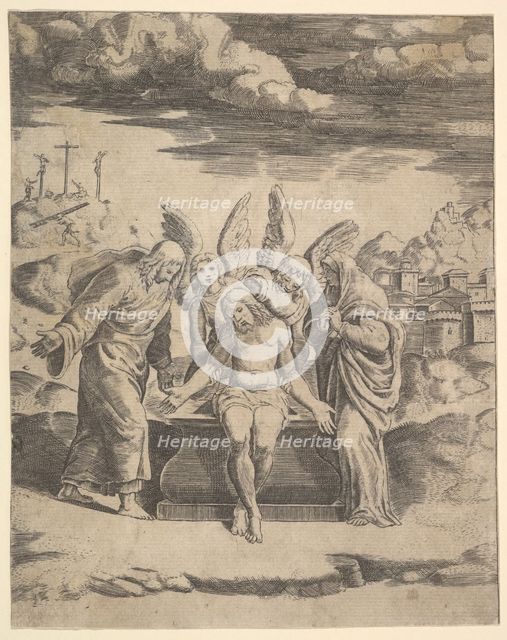 Christ seated on the tomb supported by angels, 1530-60. Creator: Master of the Die.