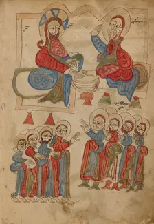 Christ Washing the Apostles Feet; Gospel Book, 1386. Creator: Unknown