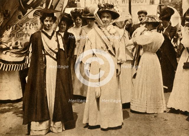 Christabel Pankhurst and Emmeline Pethick-Lawrence, Hyde Park, London, 21 June 1908, (1933).  Creator: Unknown.