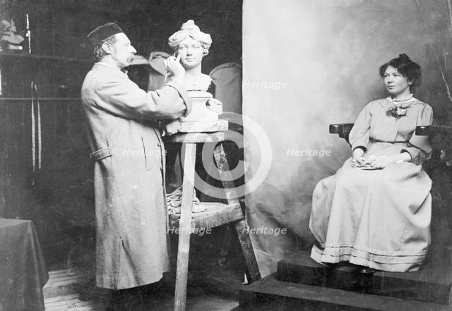 Christabel Pankhurst being modelled at Madam Tussaud's by Mr Tussaud, c1908. Creator: Unknown.