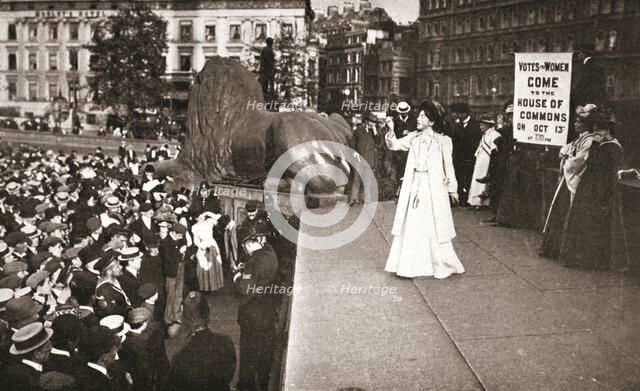 Christabel Pankhurst, British suffragette, addressing a crowd in Trafalgar Square, London, 1908. Artist: Unknown