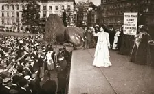Christabel Pankhurst, British suffragette, addressing a crowd in Trafalgar Square, London, 1908. Creator: Unknown